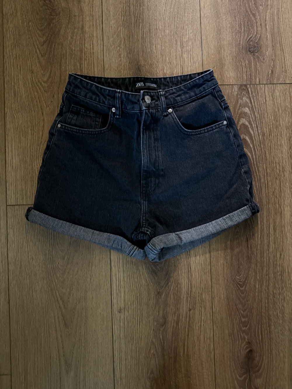 Zara Dark Black Denim High-Waist Rolled Hem Shorts